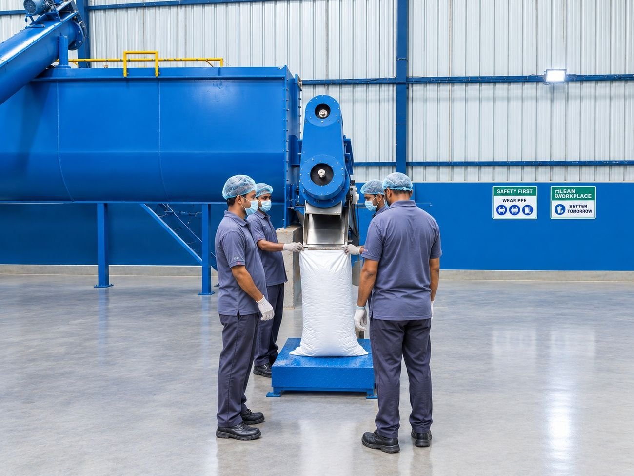 Operators bagging finished product under PPE controls