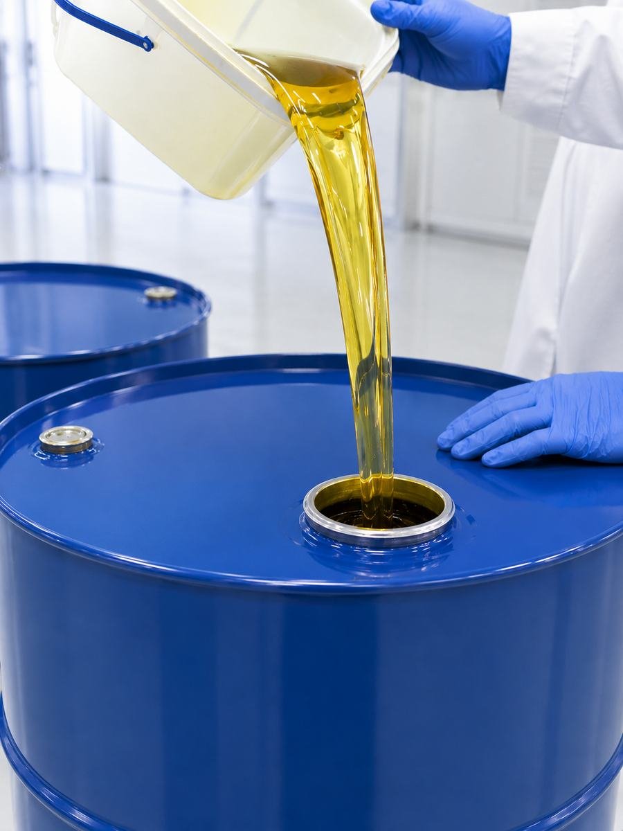 Poultry oil being filled into drums