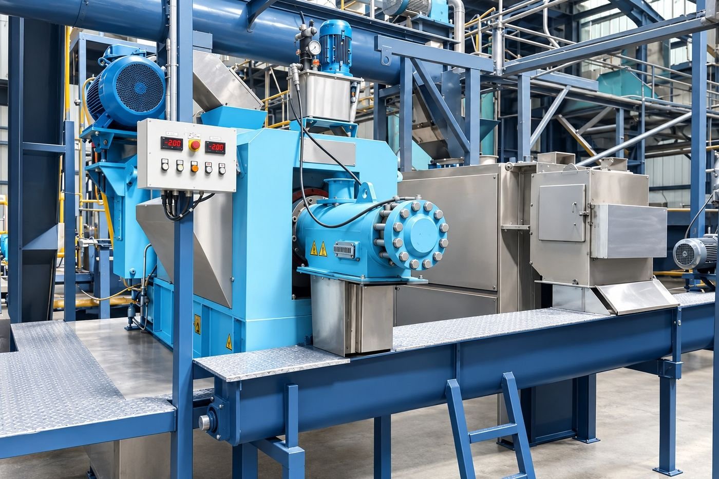 Screw press line separating fat from protein solids